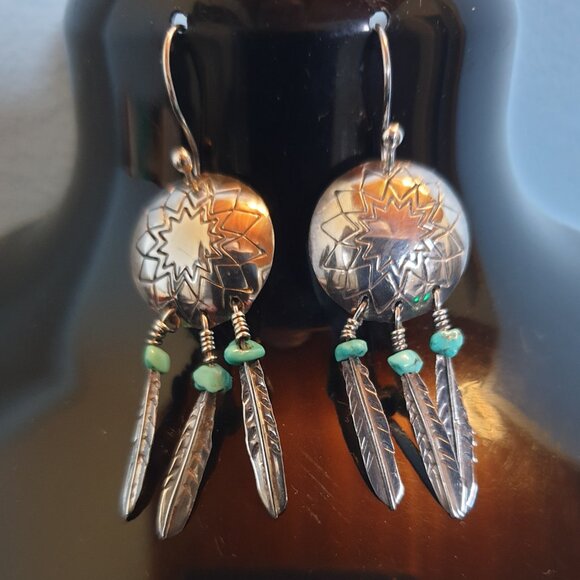 Navajo Dreamcatcher Feather Turquoise Sterling Silver Earrings - Native American - Picture 5 of 11